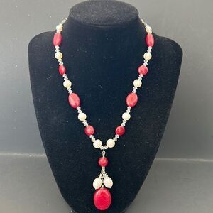 Artisan Made Red Quartz, Pearl, Crystal Sterling Silver Lariat Necklace